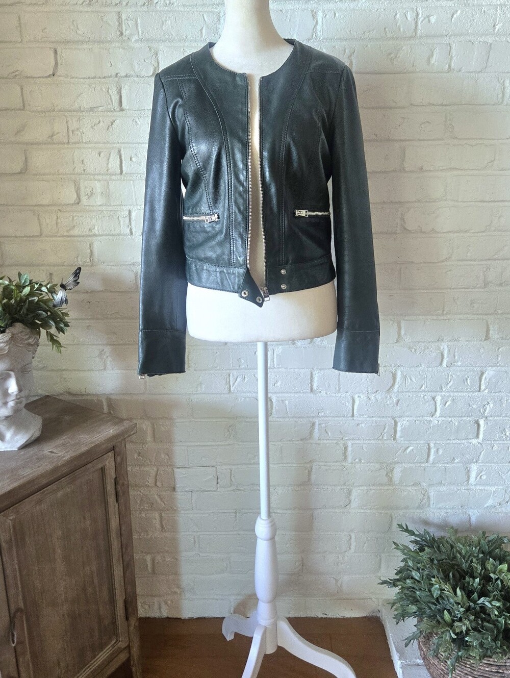 Mango Dark Green 100% Leather Moto Jacket, XS/S, Fall, Layering